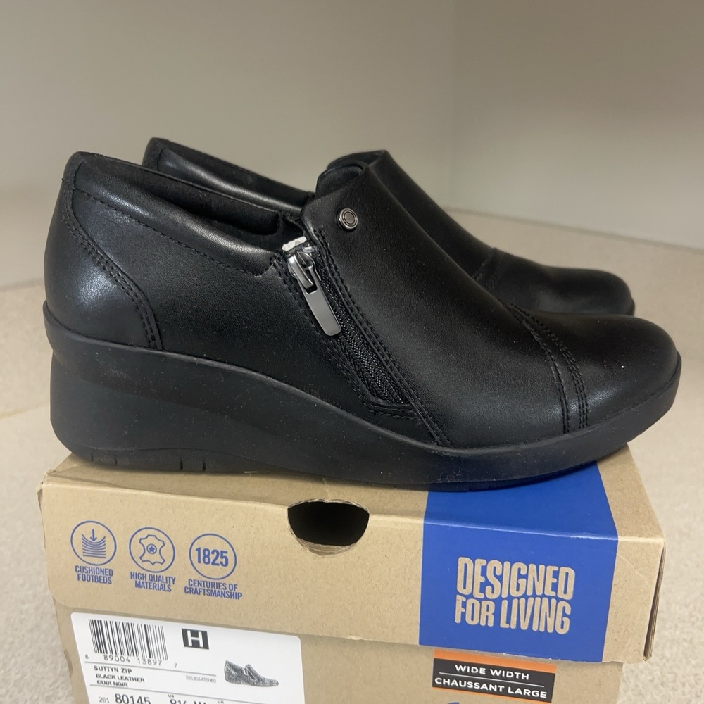 Clarks Suttyn Zip Women's‎ 8.5 W Wide Black Leather Wedge Heel Slip-On Shoes New